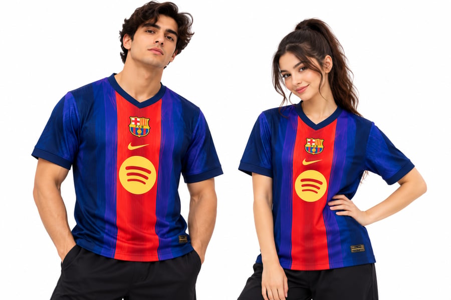 تيشيرت برشلونة أزرق وأحمر رجالي ونسائي
