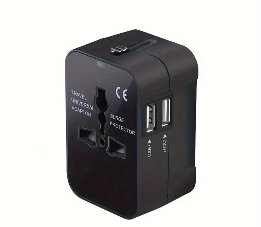 3 in 1 travel adapter with USB, AC power plug adapter compatible with wall charger compatible worldwide, suitable for the United States of America, European Union, United Kingdom, and Australia in black.