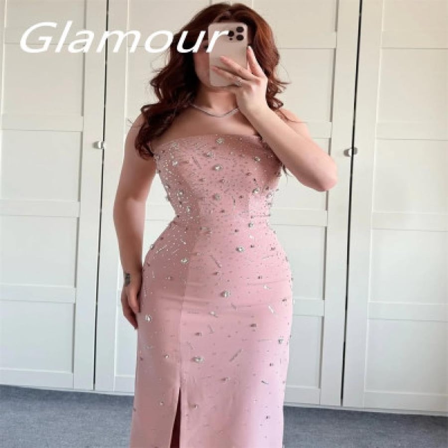 Customized Formal Pink Jersey Evening Dress Temperament Strapless Sleeveless Side Slit Crystal Zipper Back Homecomin