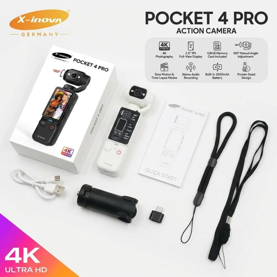 كاميرا أكشن بوكيت 4 برو بدقة 4K HD، كاميرا فيديو بعدسة دوّارة 180 درجة