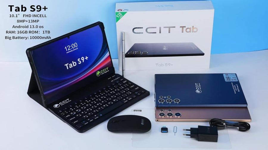 CCIT Tab S9+ Tablet 10.1 Inch FHD Android 13 Tablet PC 16GB RAM 1TB ROM 10000mAh Battery with Keyboard and Mouse (Black)