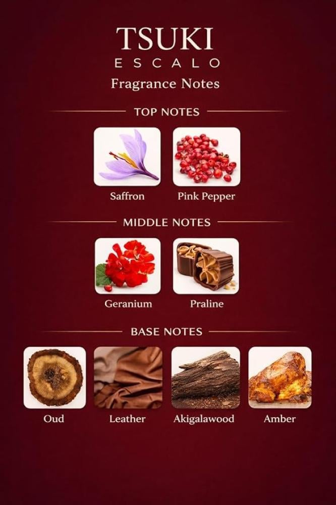عطر **TSUKI إكستريت دو بارفان** – مزيج فاخر من **العود والجلد والزعفران والعنبر**، بعطر **خشبي حار** مع لمسة من **الفلفل الوردي**، بحجم **50 مل**.