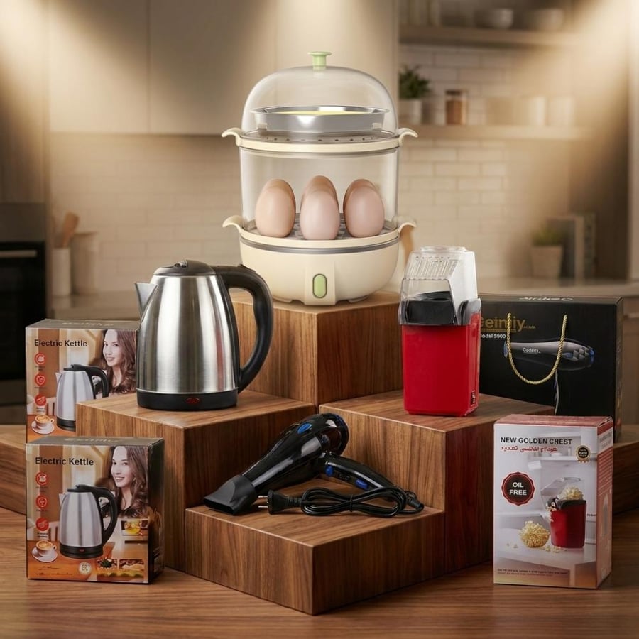 4-in-1 Home Appliances Combo – Kettle, Egg Boiler, Popcorn Maker & Hair Dryer