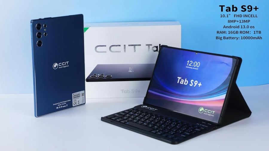 CCIT Tab S9+ Tablet 10.1 Inch FHD Android 13 Tablet PC 16GB RAM 1TB ROM 10000mAh Battery with Keyboard and Mouse (Black)