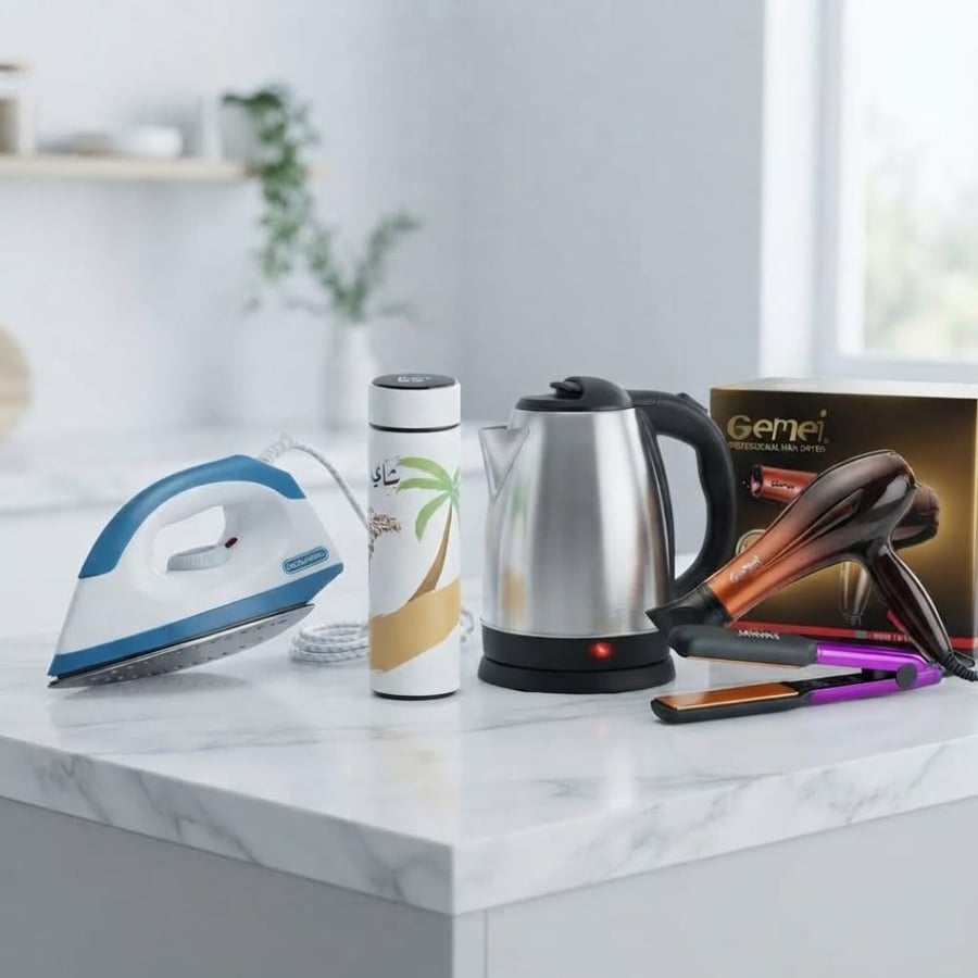 5-in-1 Home Essentials Combo – Kettle, Smart Cup, Hair Dryer, Straightener & Iron