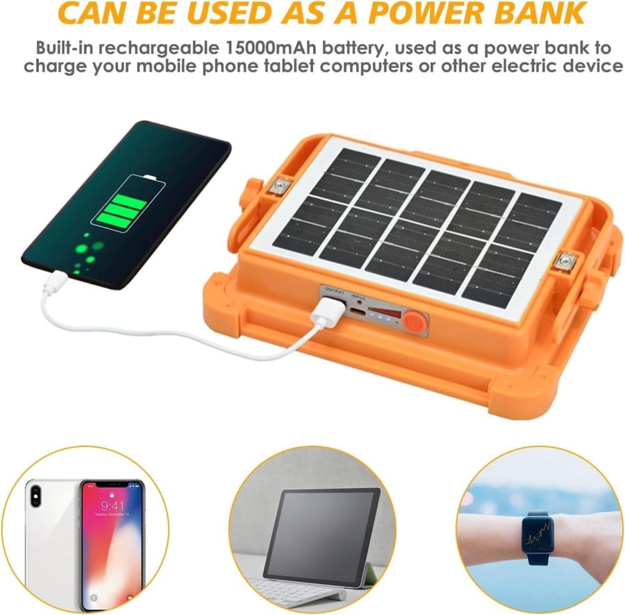 Rechargeable LED Work Light with Solar Panel, Portable Outdoor Floodlight with Adjustable Brightness