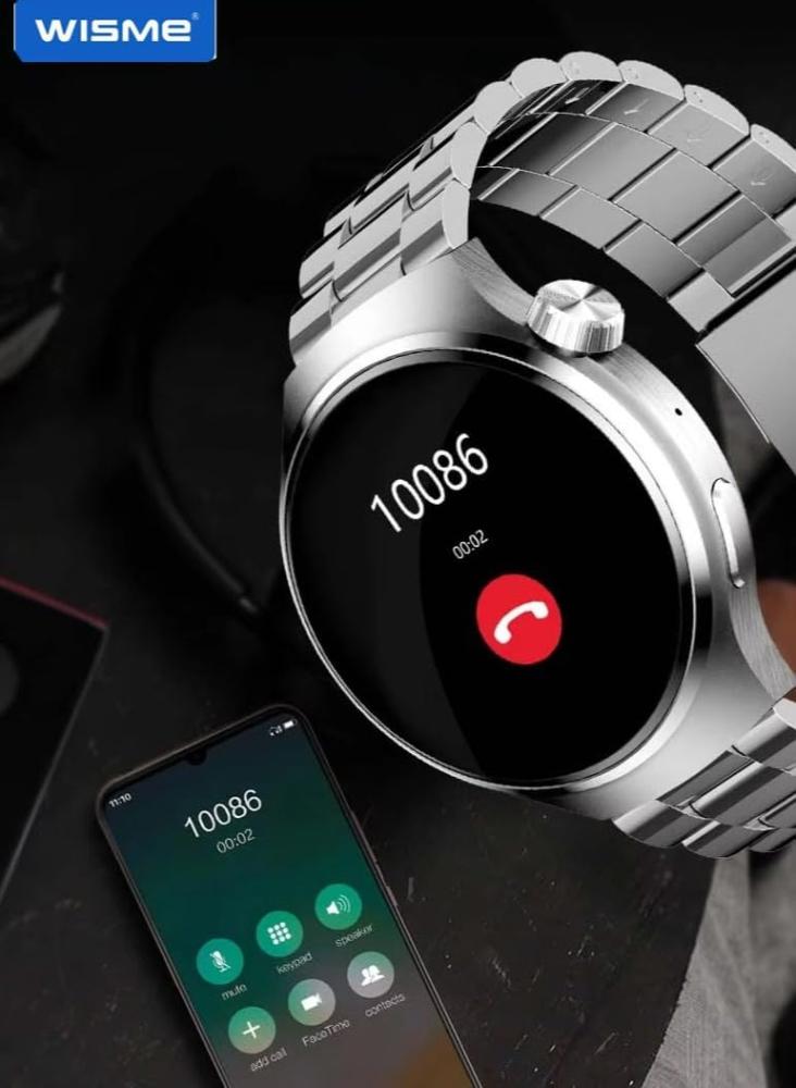 ساعة ذكية WISME-X16 بشاشة منحنية دائرية مع 7 أشرطة، وكابل شحن، مصممة للرجال والشباب (فضي)