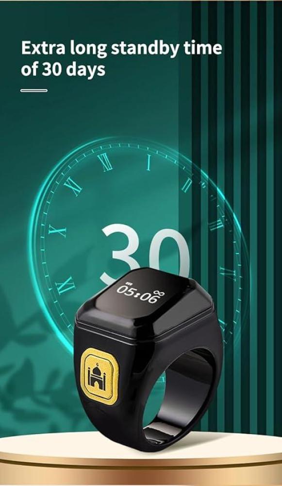 خاتم تسبيح وذكر ذكي 20 ملم | خاتم تسبيح وذكر بتذكير بمواقيت الصلاة، شاشة OLED، عداد تسبيح ذكي مقاوم للماء (أسود)