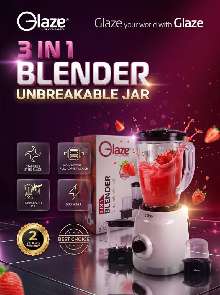Glaze GL619BL 3-in-1 Blender 600W with Unbreakable Jar, Stainless Steel Blades, Full Copper Motor & 2-Year Warranty – White