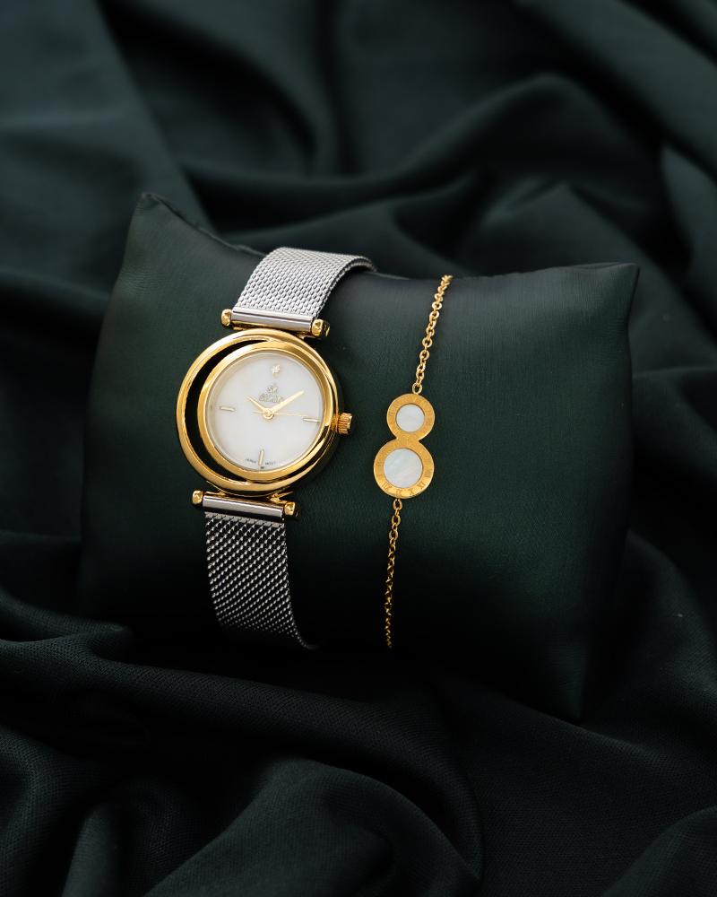 A watch and a soft bracelet in the mixed color