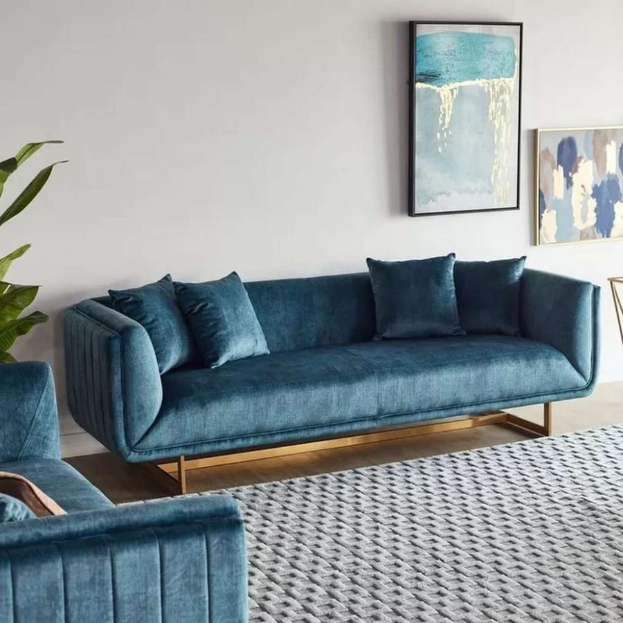Three-seater velvet sofa with Swedish wood blue