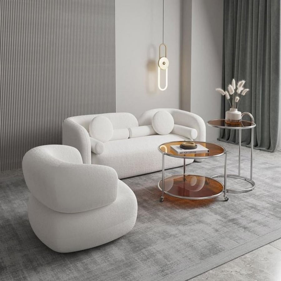 Living room with Swedish wood and two-piece pouf - off white