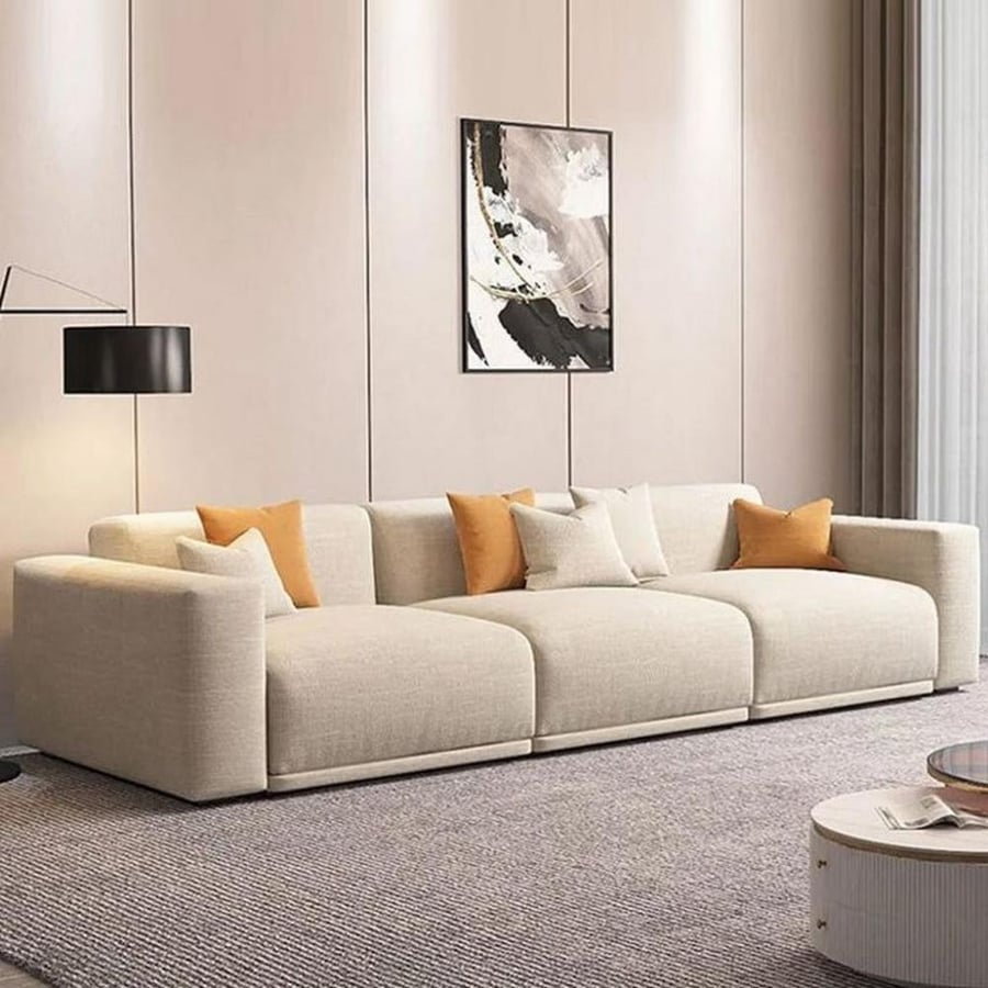Three-seat sofa with Swedish wood and linen - beige