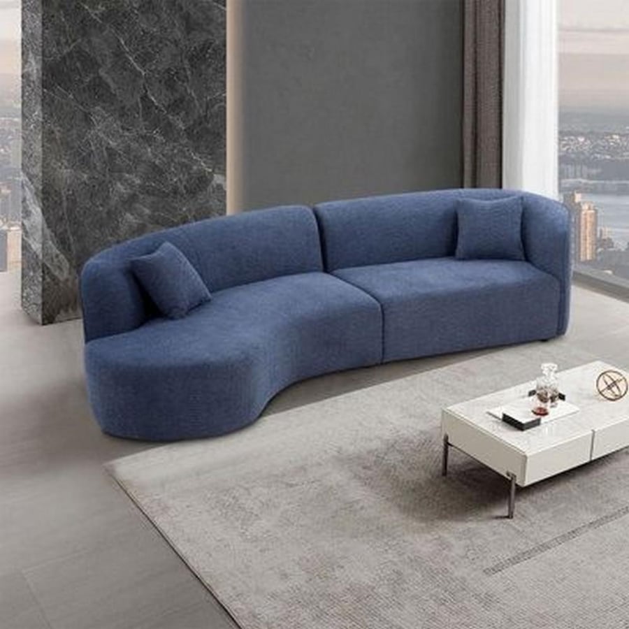 Three-seat sofa with Swedish wood and pouf - blue