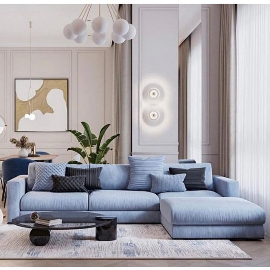 Swedish wood corner sofa and suede - blue