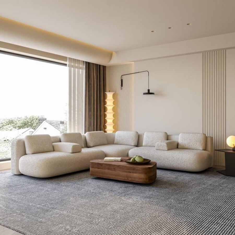 Swedish wood corner sofa with pouf - beige