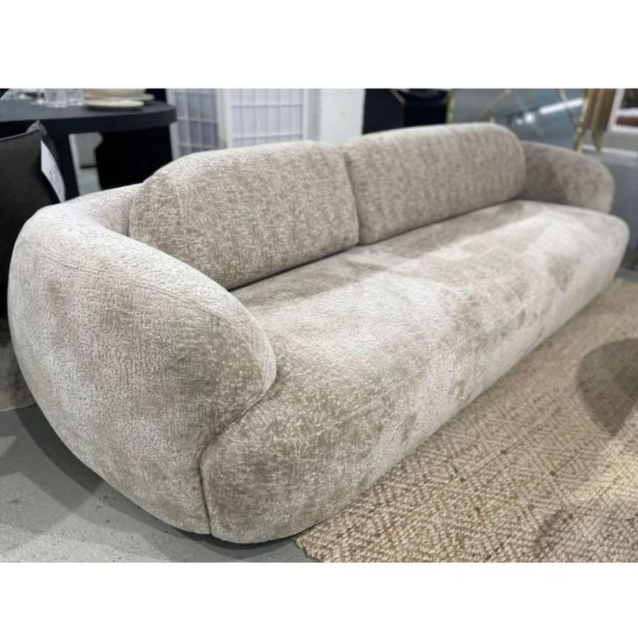 Three-seat sofa with Swedish wood and pouffe - beige