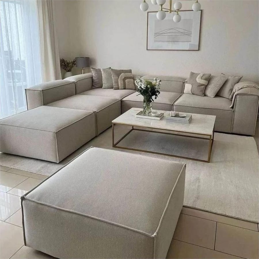 Swedish wood and linen corner sofa - beige