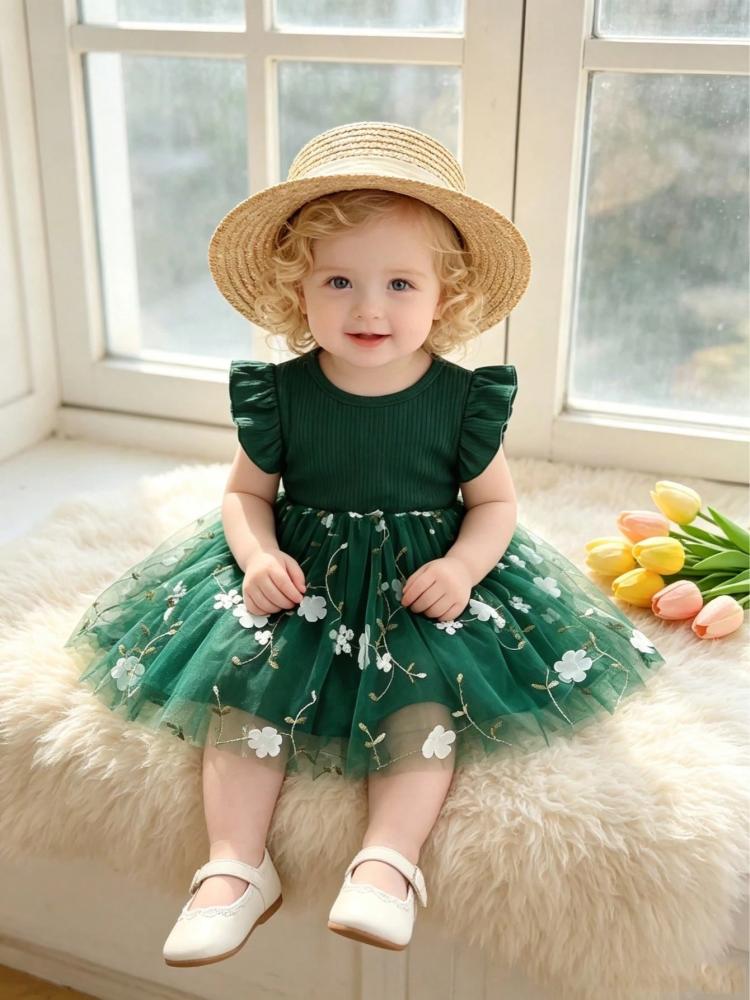 Baby Girl فستان أميرة بتطريز زهور وأكمام شبك كشكش