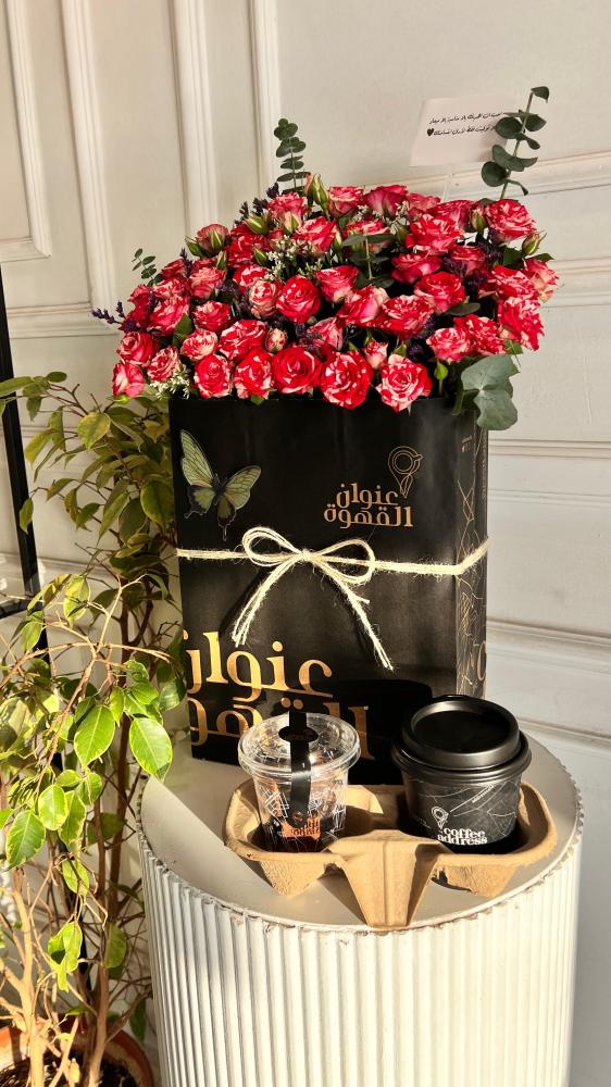 Coffee and sweets arranged on a bag with the coffee label