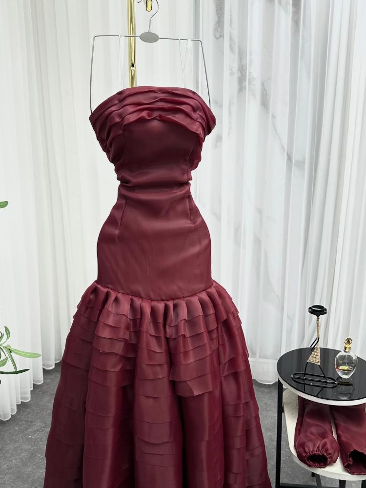 A rose-colored evening dress, fabric organza double flared twenty layers laser cut soft lining + Korean lining zipper rose color NW