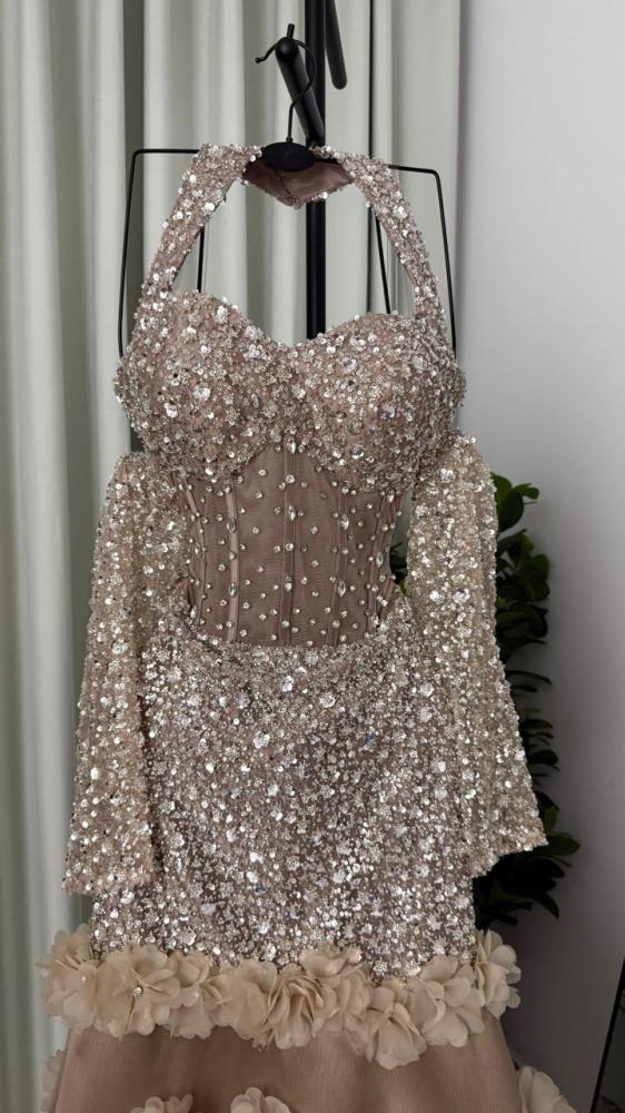 Evening dress in flesh color with beaded embroidery, crystal flower embroidery, cut lace, beaded tulle, tulle, from Jowhara MN D LA store