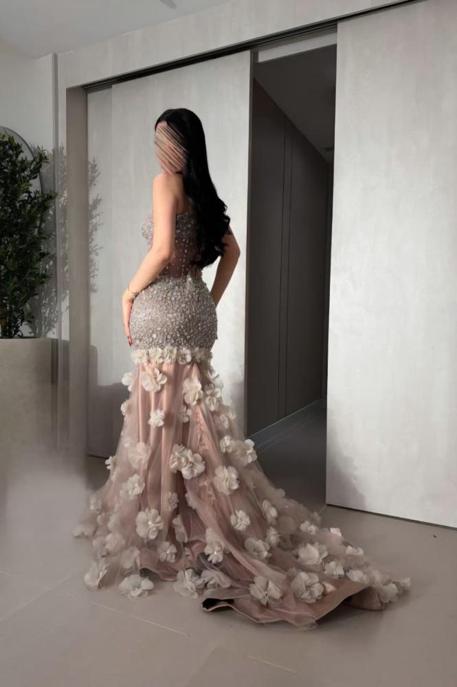 Evening dress in flesh color with beaded embroidery, crystal flower embroidery, cut lace, beaded tulle, tulle, from Jowhara MN D LA store
