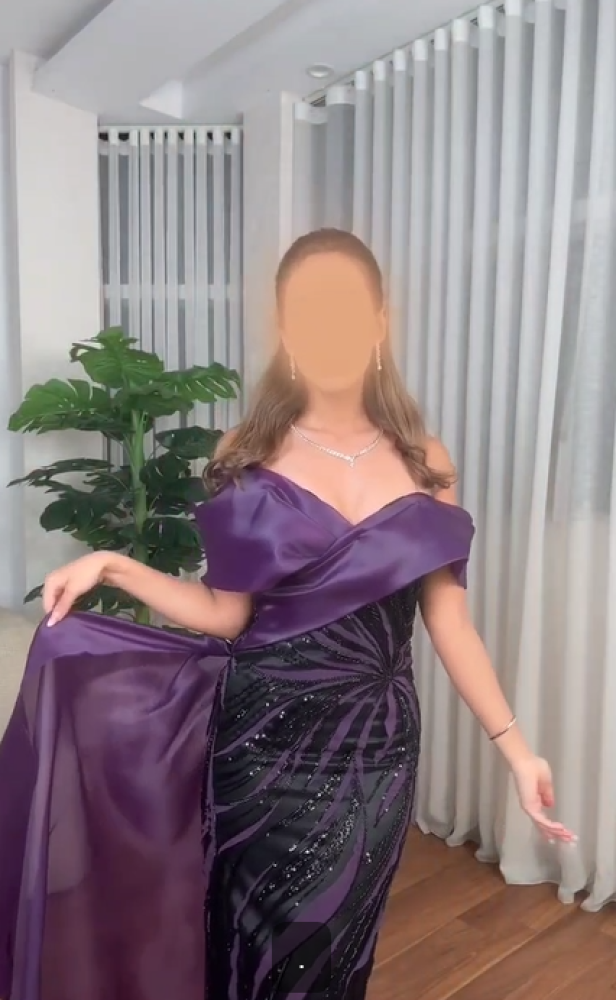 فستان سهره الالوان بنفسجي و عودي الخامه  كلفه مطرز مبطن بتفته استرتش مع اورجنزا من متجر جوهره LS