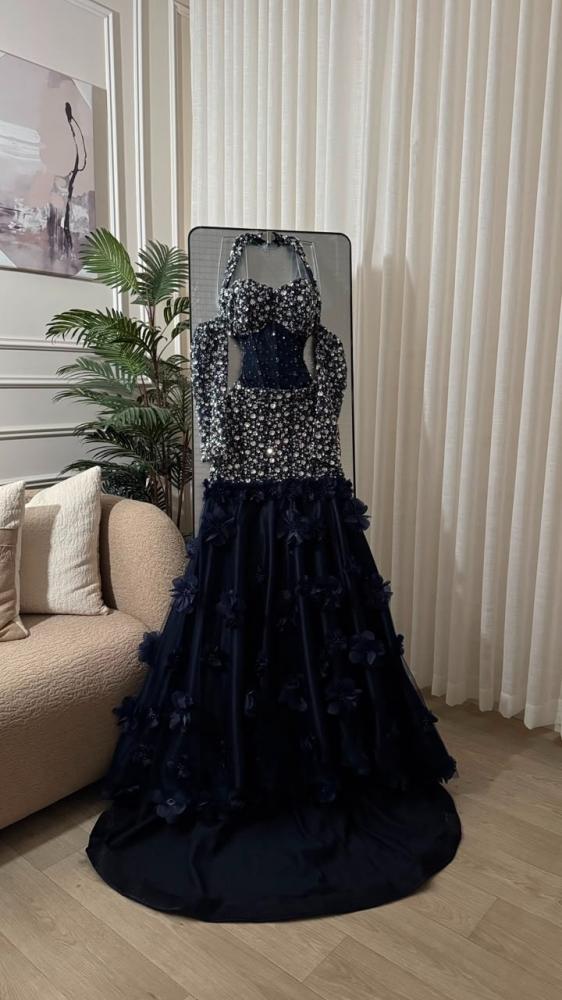 Evening dress in flesh color with beaded embroidery, crystal flower embroidery, cut lace, beaded tulle, tulle, from Jowhara MN D LA store