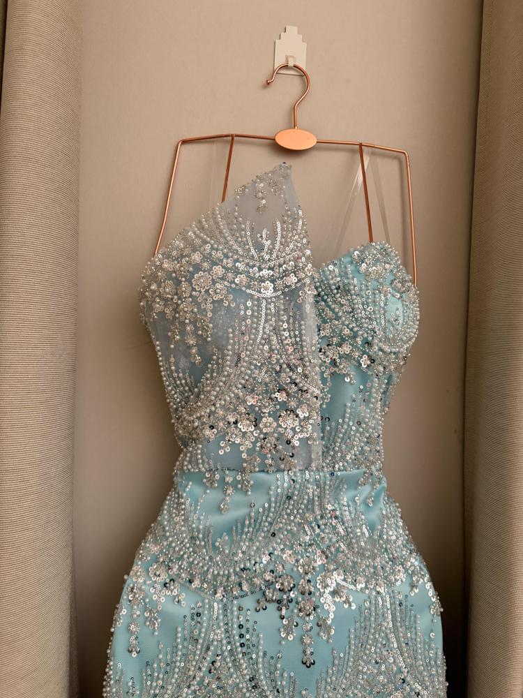 Evening dress in sky blue color with beads and Barbie lining from Jowhara Store MN