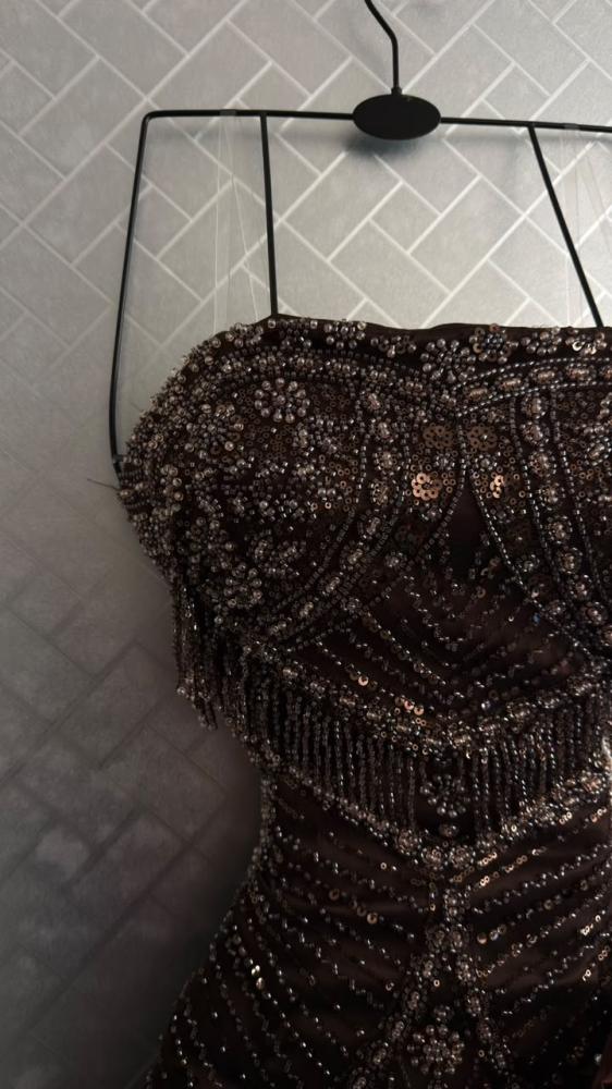 فستان سهره اللون بني شك سهره راقي علا خرز ولول وهدب  بذيل جزار لمعه اصلي درجه اولى   من متجر جوهره FH