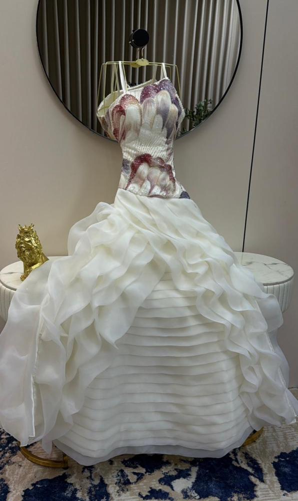 Evening dress white color elegant style on organza multiple layers double circle from Jewel TR store