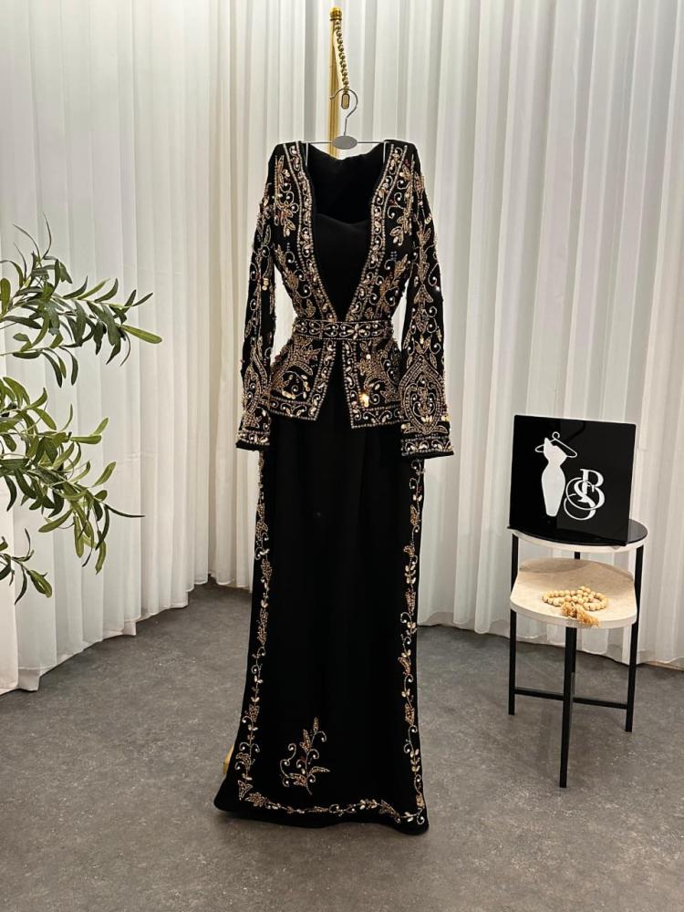 Evening dress black color hand embroidery elegant on fabric decorated with rhinestones and zircon stones from Jowhara LF MA store
