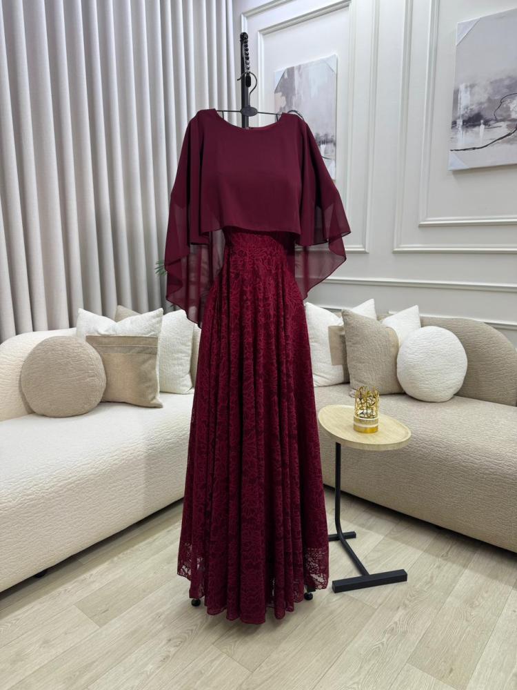 فستان سهره اللون برغندي دانتيل الاصلي. دبل كلوش  من متجر  جوهره DN