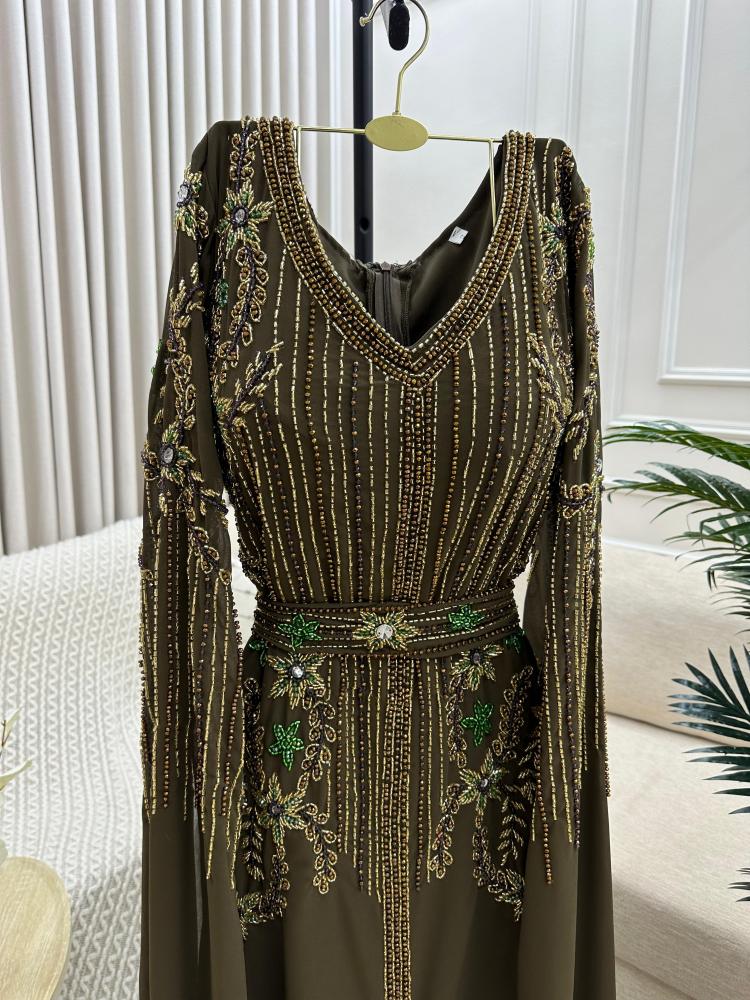 Evening dress in olive color Georgite with hand embroidery on fabric from Jewel store MA