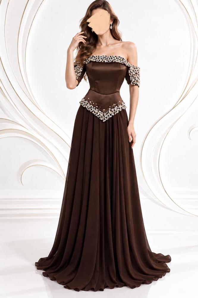 فستان سهره اللون بني الصدر تفته تطريز يدوي شيفون دبل كلوش من متجر جوهره D