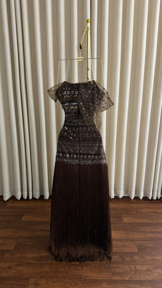 فستان سهره اللون بيج سماوي خرز وهدب وبطانه تفته     من متجر جوهره MN