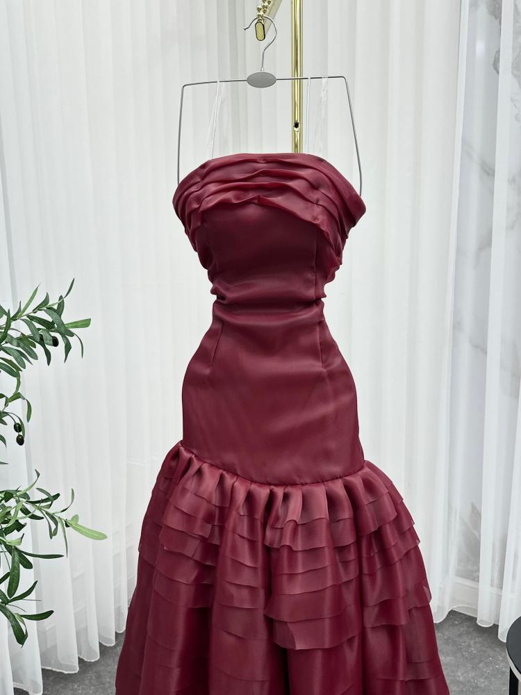 A rose-colored evening dress, fabric organza double flared twenty layers laser cut soft lining + Korean lining zipper rose color NW