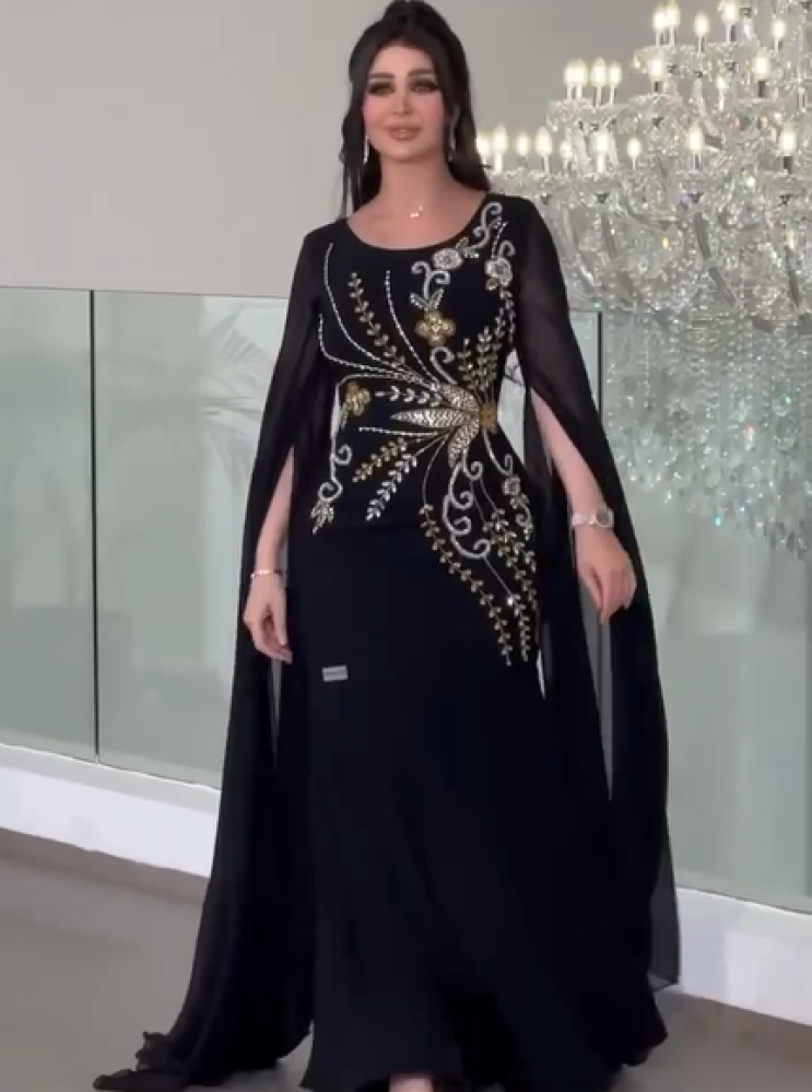 فستان سهره اللون اسود باربي وشيفون تطريز يدوي من متجر جوهره D  FR