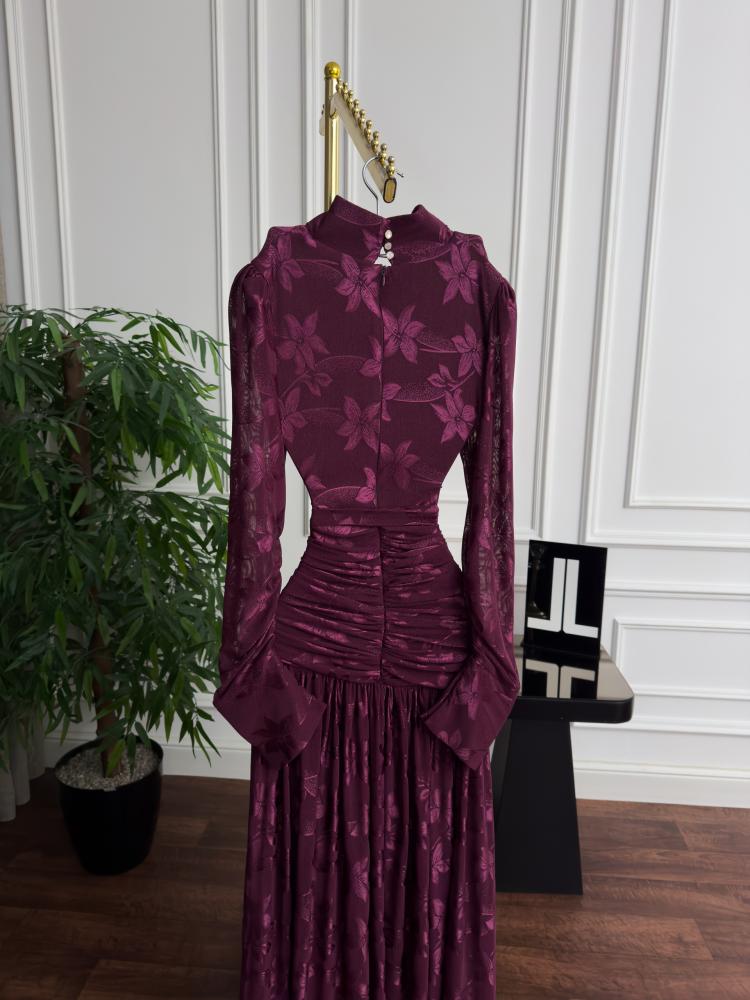 Elegant evening dress with velvet print in maroon color from Jewel LL store