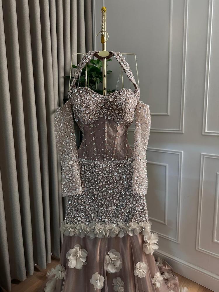 Evening dress in flesh color with beaded embroidery, crystal flower embroidery, cut lace, beaded tulle, tulle, from Jowhara MN D LA store