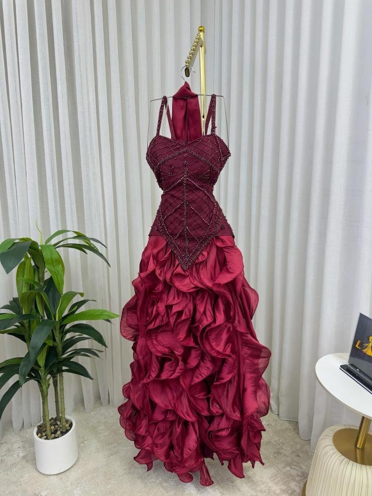Evening dress in champagne and burgundy color, fabric evening with broken zipper from Jewel TR MN LV store