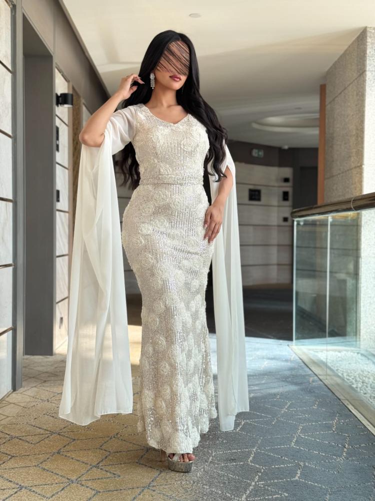 فستان سهره اللون بيج القماش  ترتر ورود جورجيت من متجر جوهره LA