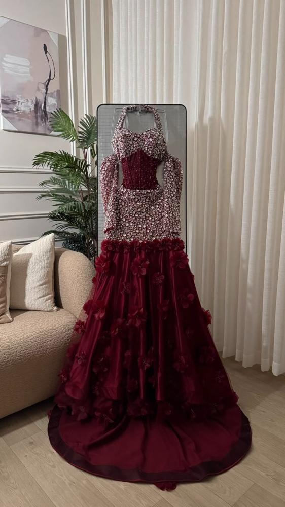Evening dress in flesh color with beaded embroidery, crystal flower embroidery, cut lace, beaded tulle, tulle, from Jowhara MN D LA store