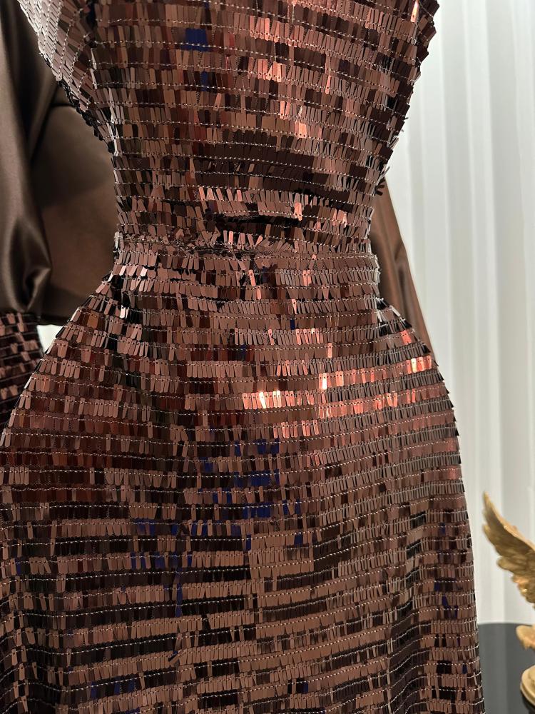 Evening dress color brown sequins strips lining double shawl from Jewel store QN