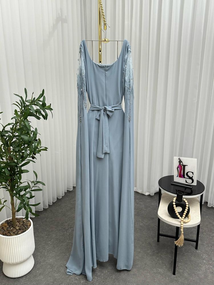 Evening dress, purple and sky blue colors, material chiffon georgette, hand embroidery, elegant LS