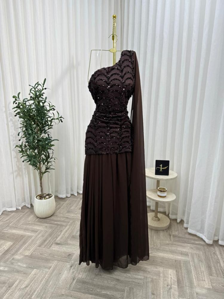 فستان سهره اللون  بني  شيفون قماش سهره  من متجر جوهره  NO