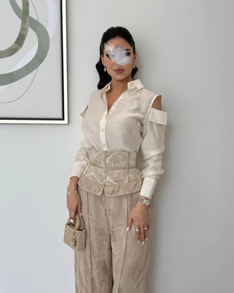 Blouse and skirt set in beige linen from Jewel Store MN