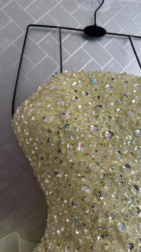 فستان سهره اللون ليموني اورجنزا اصلي درجه اولى بتطريز كلفه شك على خرز من متجر جوهره FH