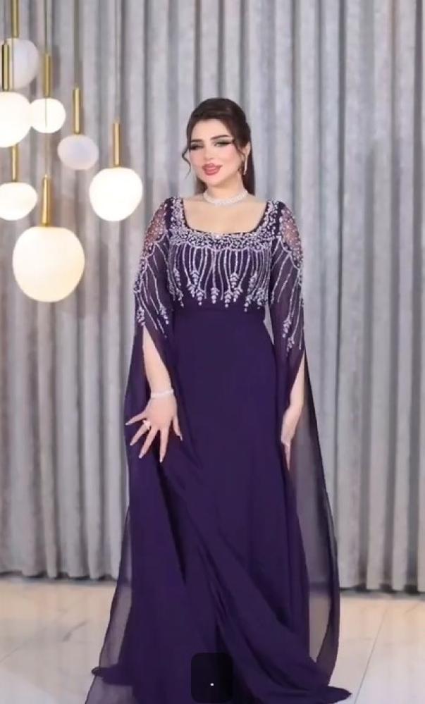 Evening dress, purple and sky blue colors, material chiffon georgette, hand embroidery, elegant LS